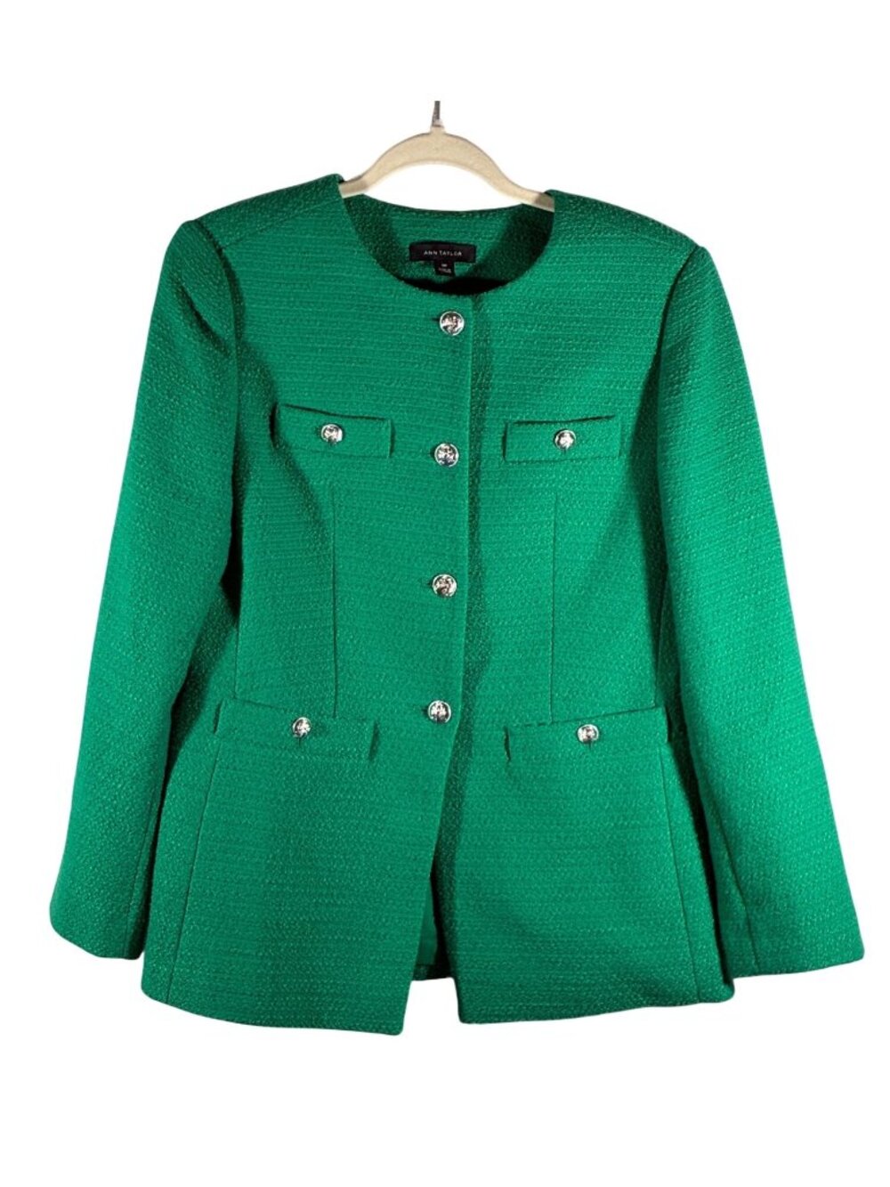 Ann Taylor Womens Green Textured Button Front Blazer Jacket Size 10P